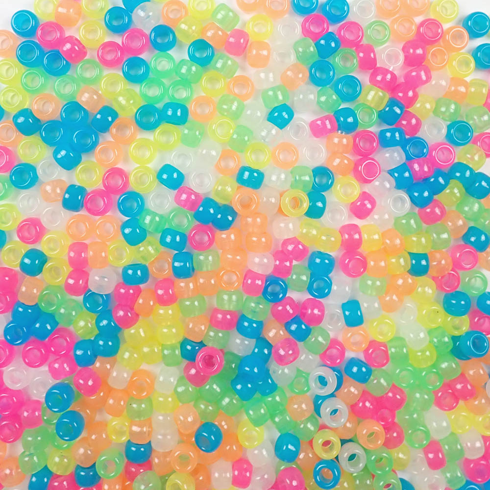 Glow in the Dark Mix Plastic Pony Beads. Size 6 x 9 mm. Craft Beads. Made in the USA.