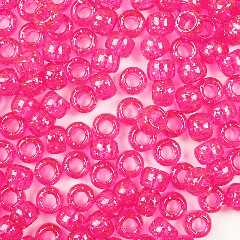 Hot Pink Glitter Plastic Pony Beads. Size 6 x 9 mm. Craft Beads. Made in the USA.