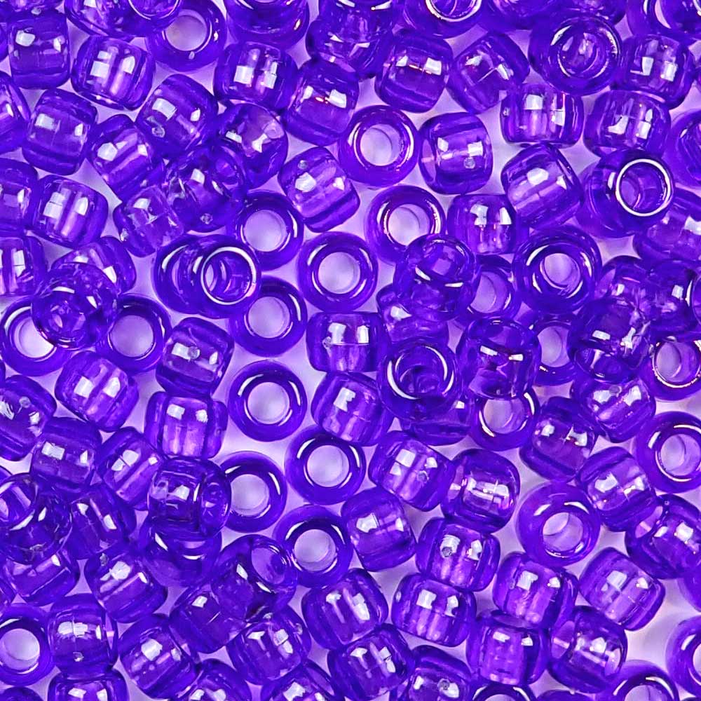 Amethyst Purple Transparent Plastic Pony Beads. Size 6 x 9 mm. Craft Beads. Made in the USA.