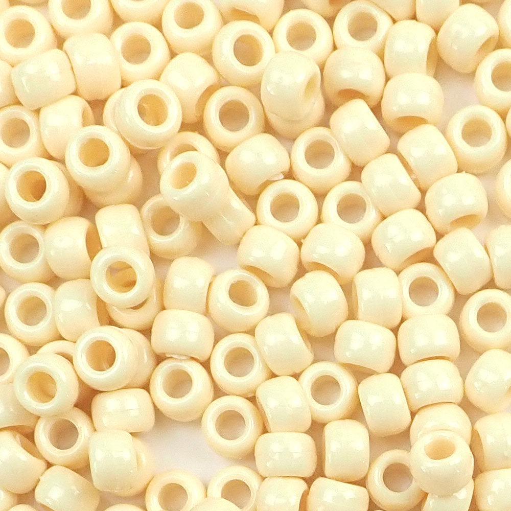 Ivory Plastic Pony Beads. Size 6 x 9 mm. Craft Beads. Made in the USA.