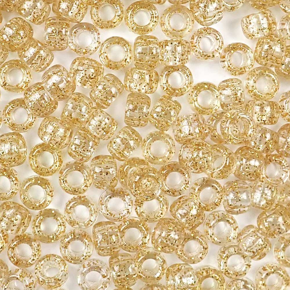 Gold Glitter Plastic Pony Beads. Size 6 x 9 mm. Craft Beads. Made in the USA.