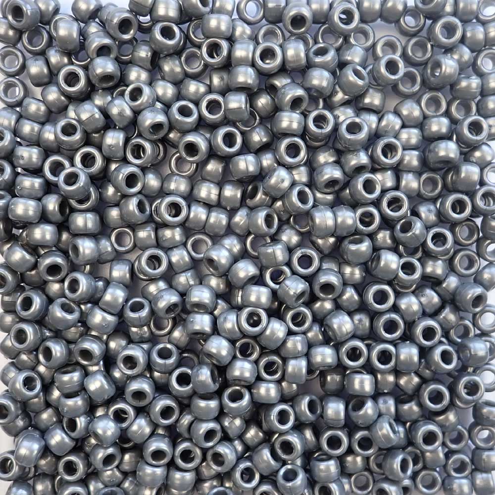Gray Pearl Plastic Pony Beads. Size 6 x 9 mm. Craft Beads. Made in the USA.