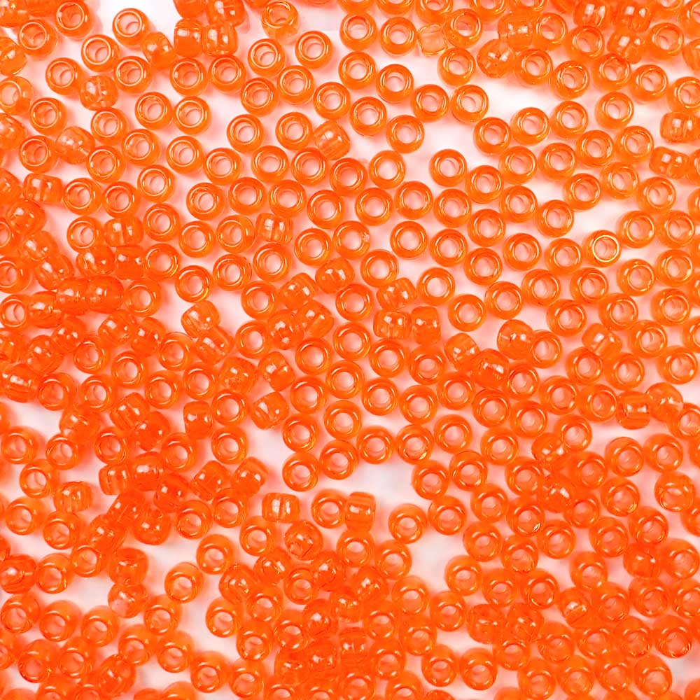 Dark Orange Transparent Plastic Pony Beads. Size 6 x 9 mm. Craft Beads. Made in the USA.