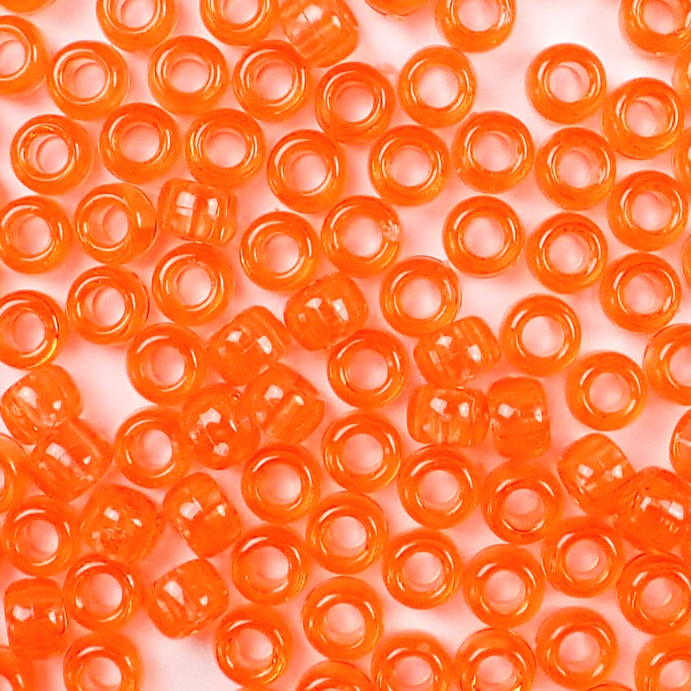 Dark Orange Transparent Plastic Pony Beads. Size 6 x 9 mm. Craft Beads. Made in the USA.