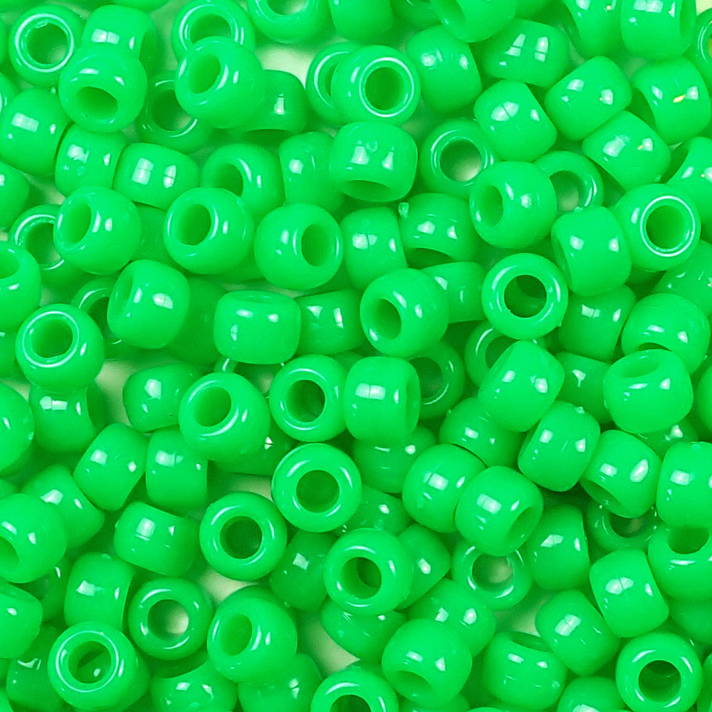 Grasshopper Green Plastic Pony Beads. Size 6 x 9 mm. Craft Beads. Made in the USA.