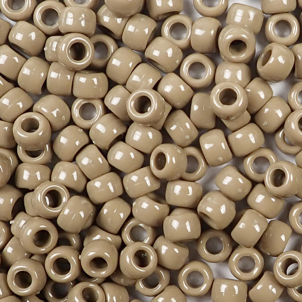 Khaki Tan Brown Plastic Pony Beads. Size 6 x 9 mm. Craft Beads. Made in the USA.