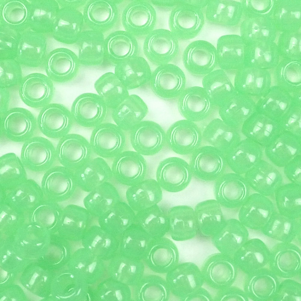Green Glow Plastic Pony Beads. Size 6 x 9 mm. Craft Beads. Made in the USA.