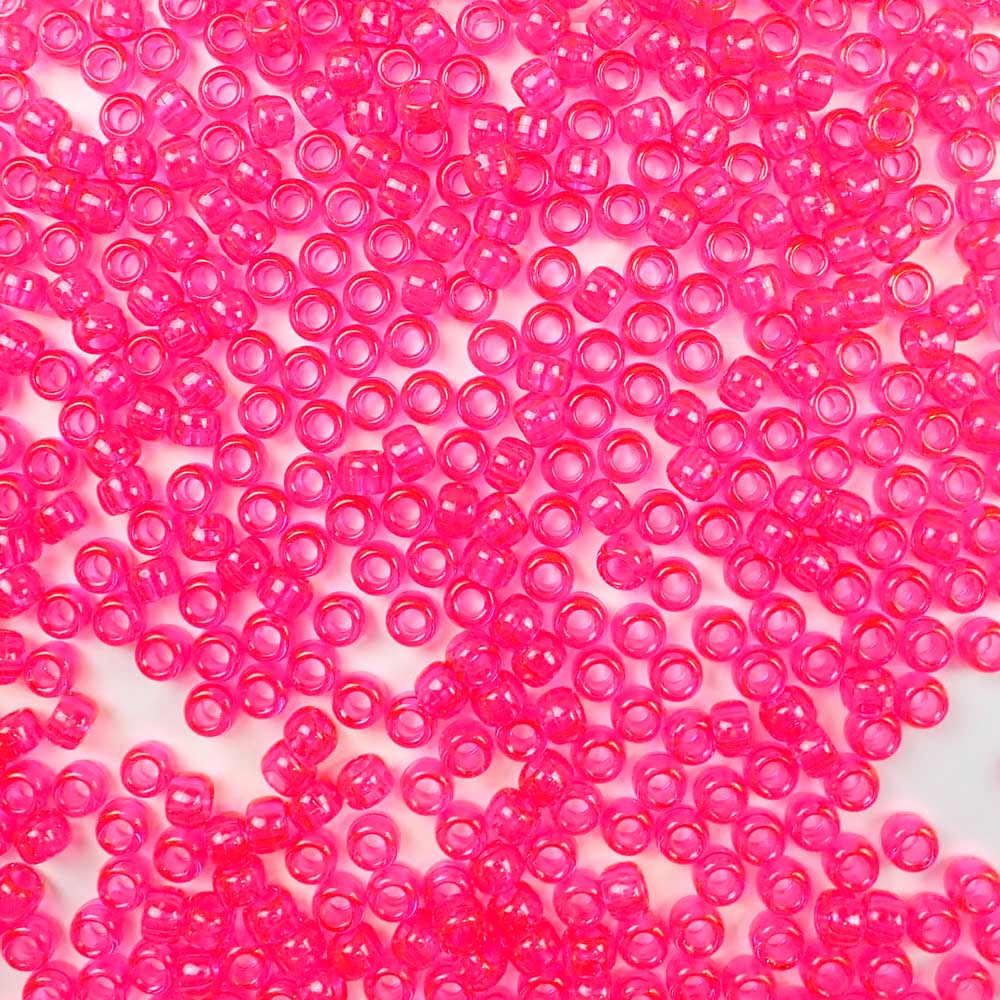 Hot Pink Transparent Plastic Pony Beads. Size 6 x 9 mm. Craft Beads. Made in the USA.