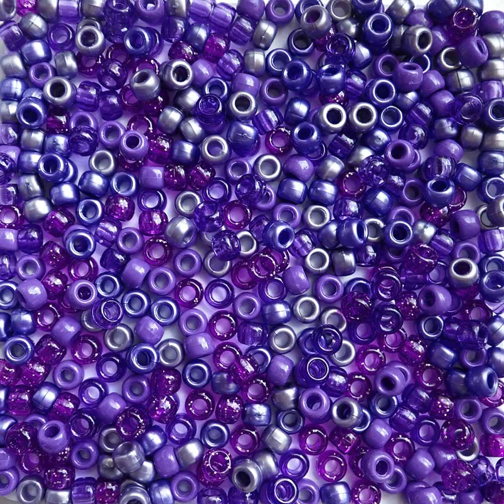 6 x 9mm plastic pony beads in a mix of different purple colors