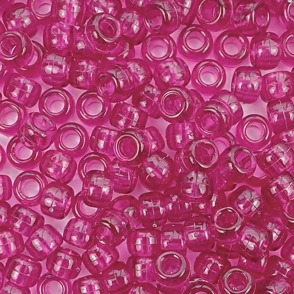 Fuchsia Transparent Plastic Pony Beads. Size 6 x 9 mm. Craft Beads. Made in the USA.