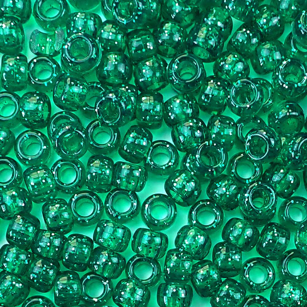 Emerald Green Glitter Plastic Pony Beads. Size 6 x 9 mm. Craft Beads. Made in the USA.