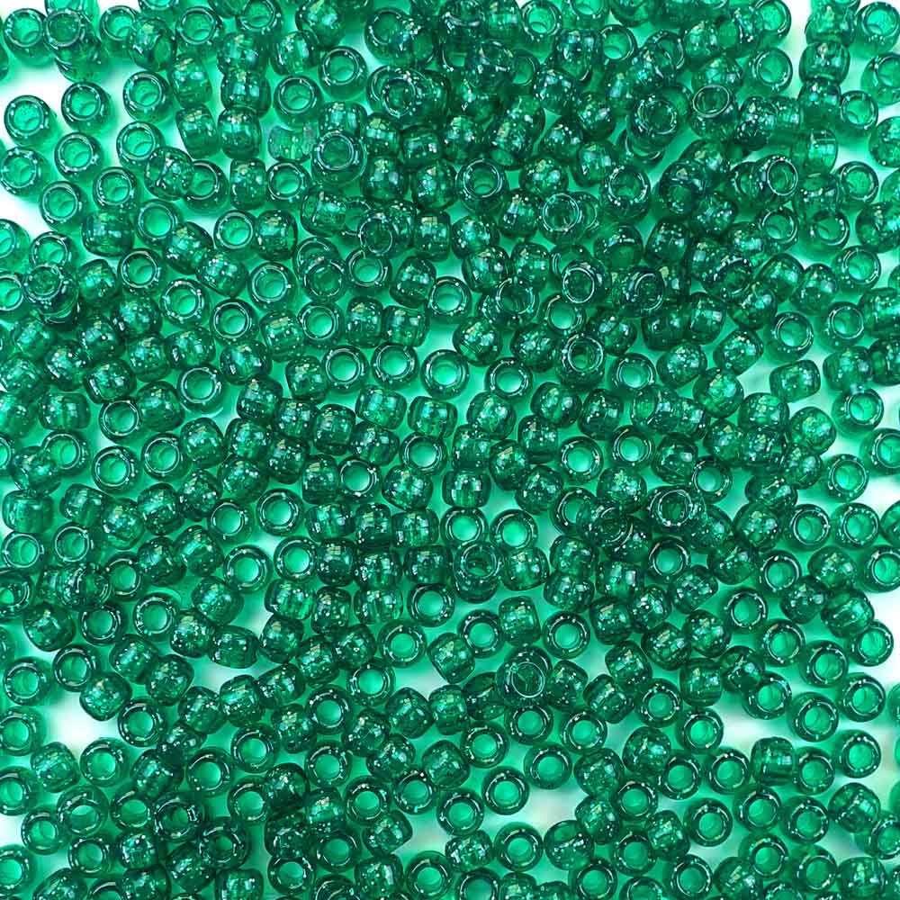 Emerald Green Glitter Plastic Pony Beads. Size 6 x 9 mm. Craft Beads. Made in the USA.
