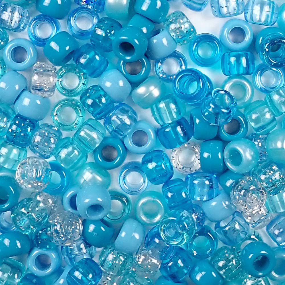Caribbean Blue Turquoise Mix Plastic Pony Beads. Size 6 x 9 mm. Craft Beads. Made in the USA.