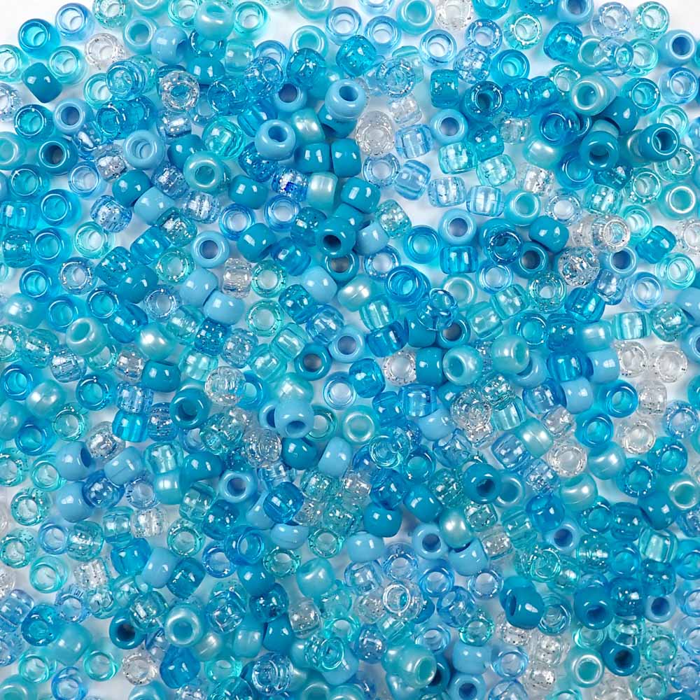 Caribbean Blue Turquoise Mix Plastic Pony Beads. Size 6 x 9 mm. Craft Beads. Made in the USA.