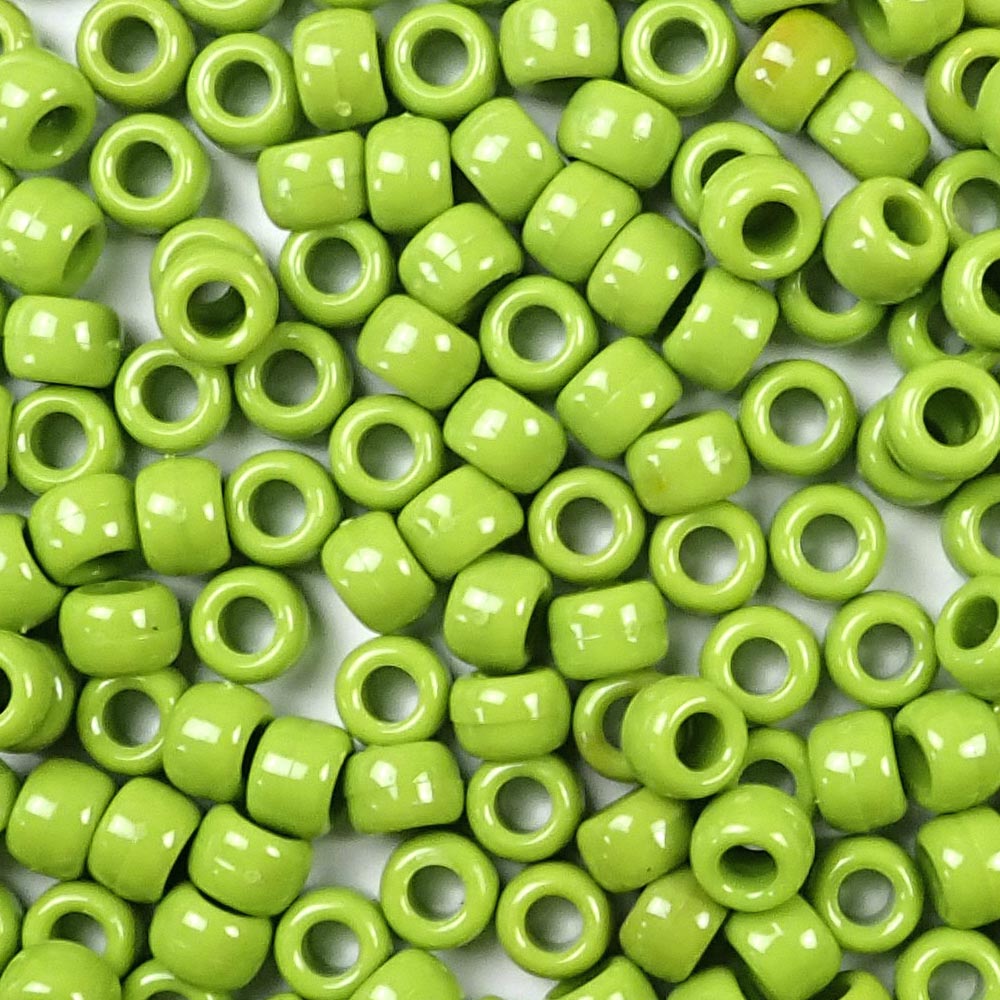 Kiwi Green Plastic Pony Beads. Size 6 x 9 mm. Craft Beads. Made in the USA.