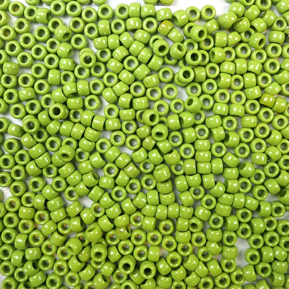Kiwi Green Plastic Pony Beads. Size 6 x 9 mm. Craft Beads. Made in the USA.