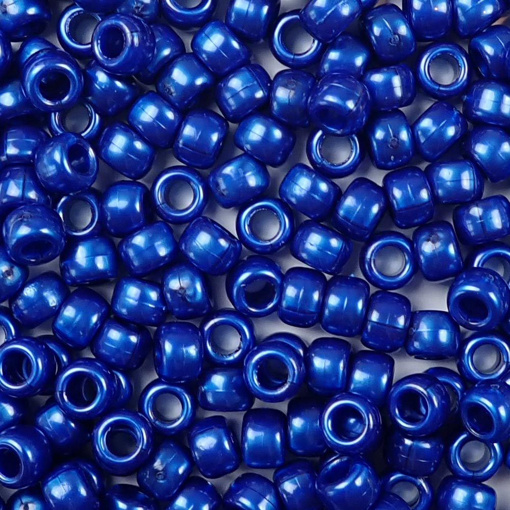 Cobalt Blue Pearl Plastic Pony Beads. Size 6 x 9 mm. Craft Beads. Made in the USA.