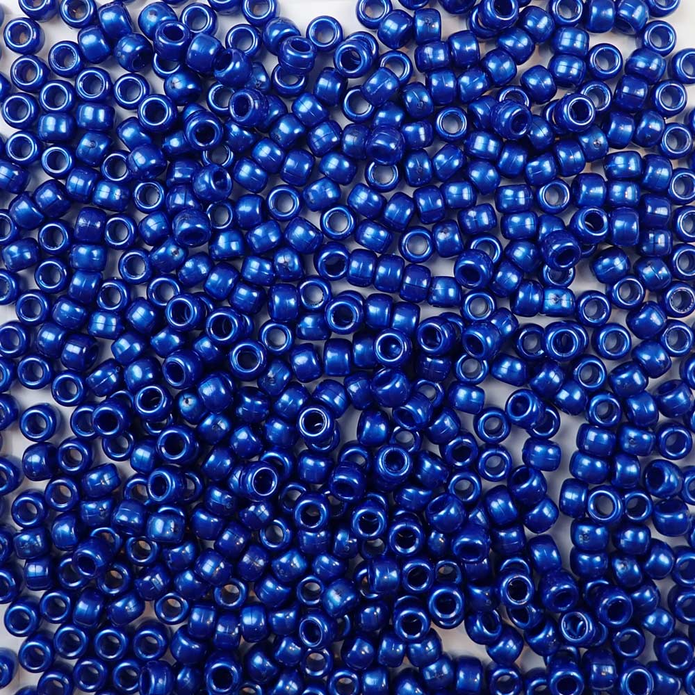 Cobalt Blue Pearl Plastic Pony Beads. Size 6 x 9 mm. Craft Beads. Made in the USA.