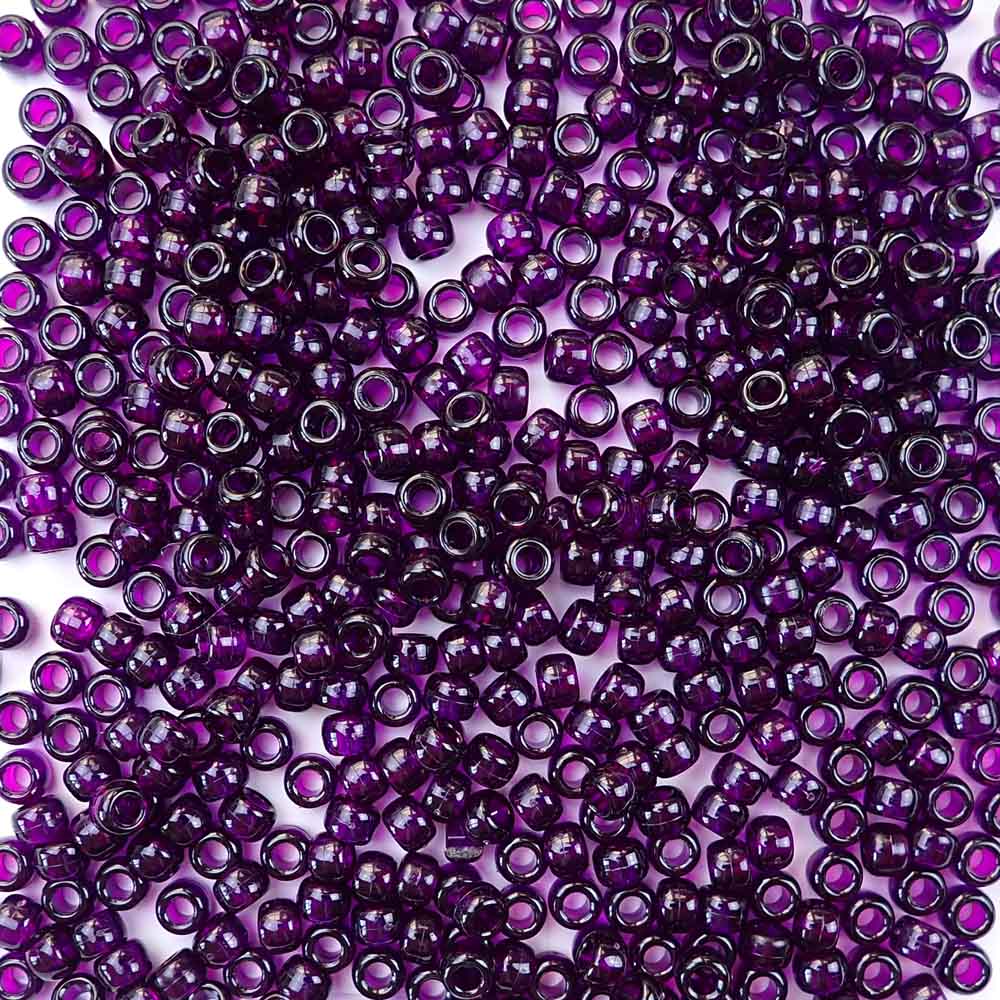 Dark Amethyst Transparent Plastic Pony Beads. Size 6 x 9 mm. Craft Beads. Made in the USA.
