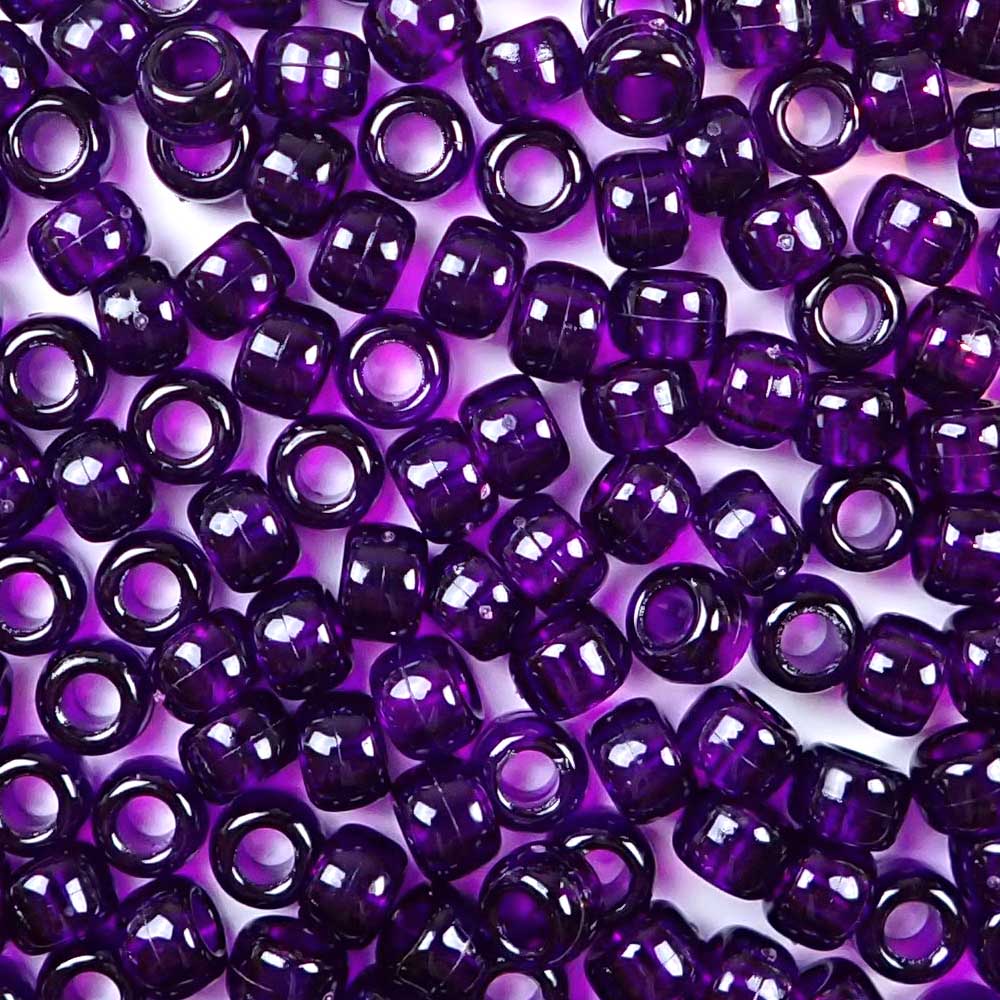 Dark Amethyst Transparent Plastic Pony Beads. Size 6 x 9 mm. Craft Beads. Made in the USA.