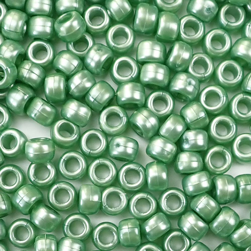 Fern Green Pearl Plastic Pony Beads. Size 6 x 9 mm. Craft Beads. Made in the USA.