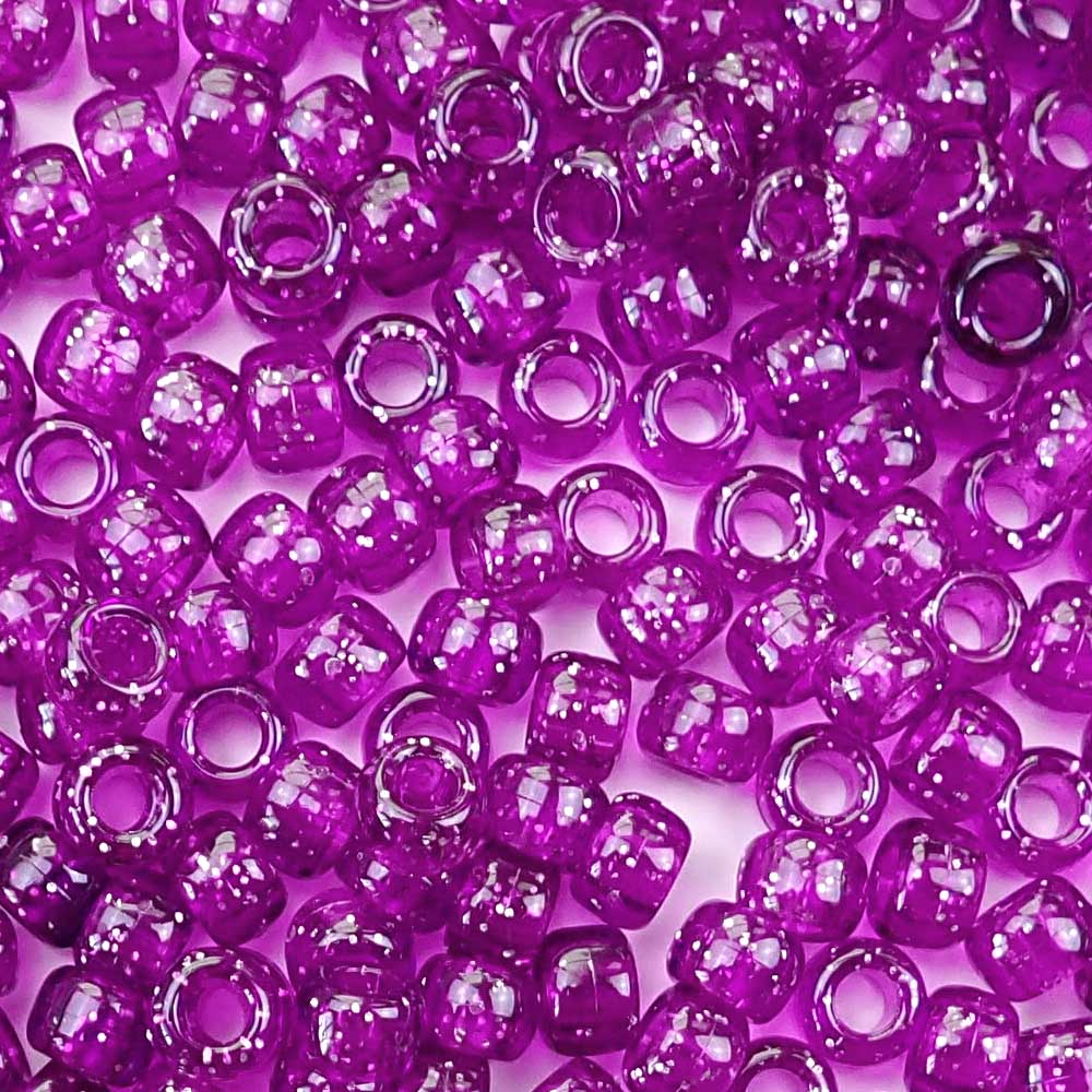 Dark Purple Glitter Plastic Pony Beads. Size 6 x 9 mm. Craft Beads. Made in the USA.