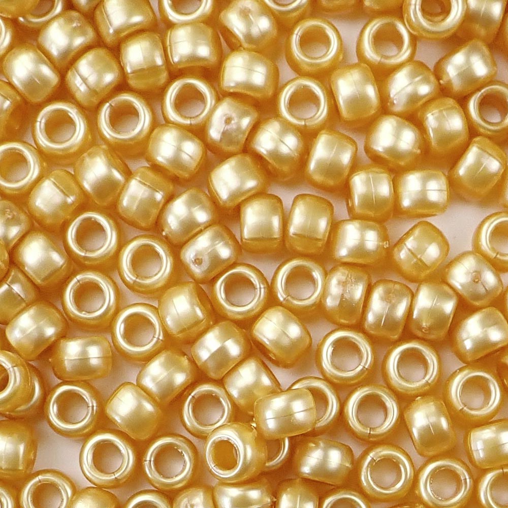 Gold Pearl Plastic Pony Beads. Size 6 x 9 mm. Craft Beads. Made in the USA.