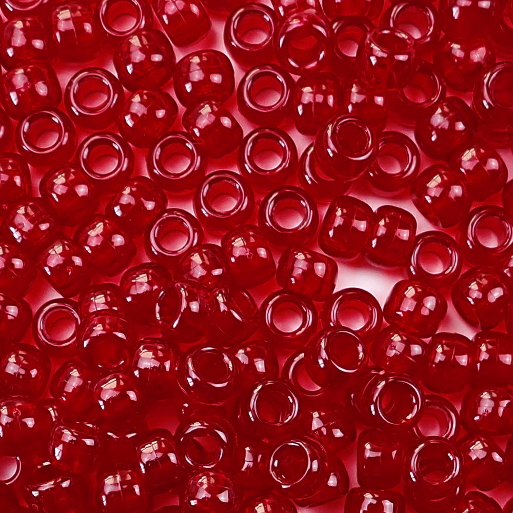 Dark Ruby Transparent Plastic Pony Beads. Size 6 x 9 mm. Craft Beads. Made in the USA.