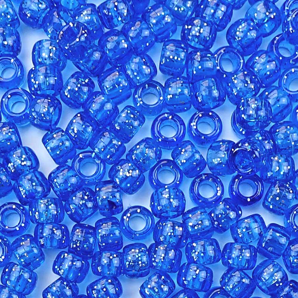 Dark Sapphire Blue Glitter Plastic Pony Beads. Size 6 x 9 mm. Craft Beads. Made in the USA.
