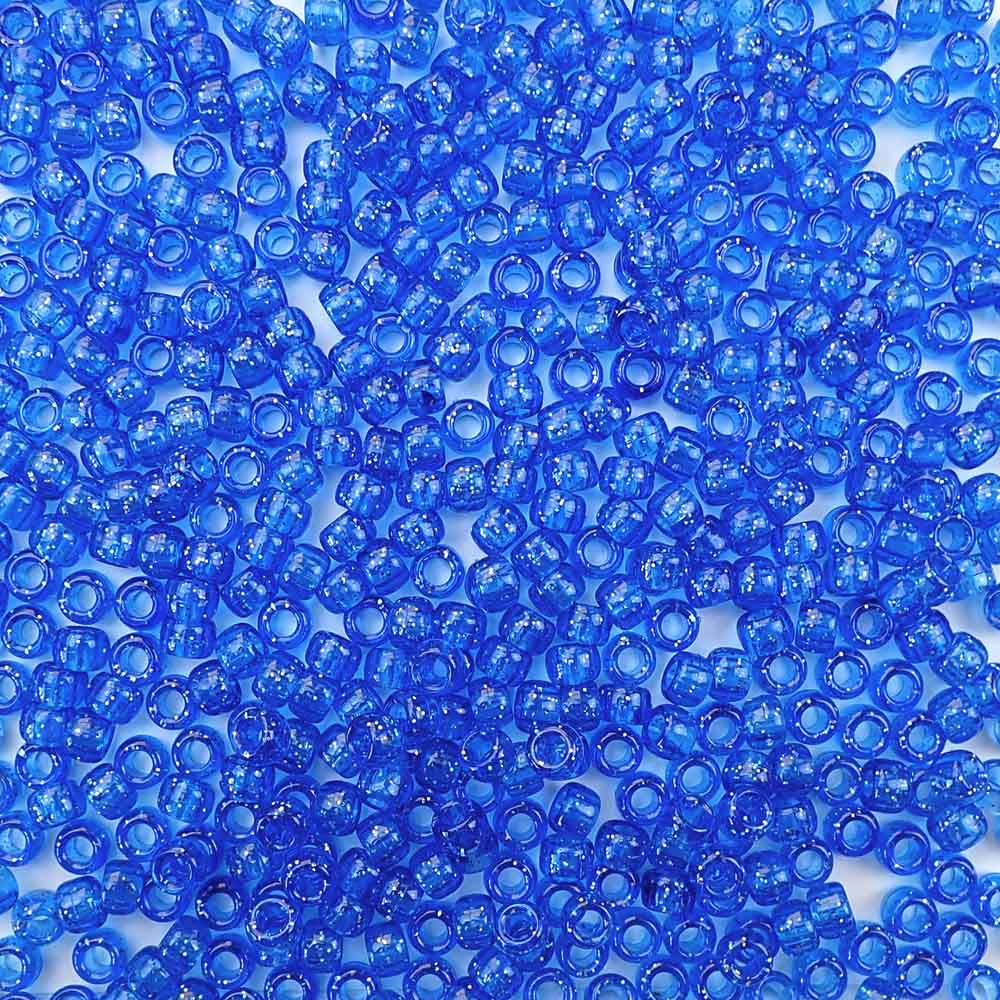 Dark Sapphire Blue Glitter Plastic Pony Beads. Size 6 x 9 mm. Craft Beads. Made in the USA.