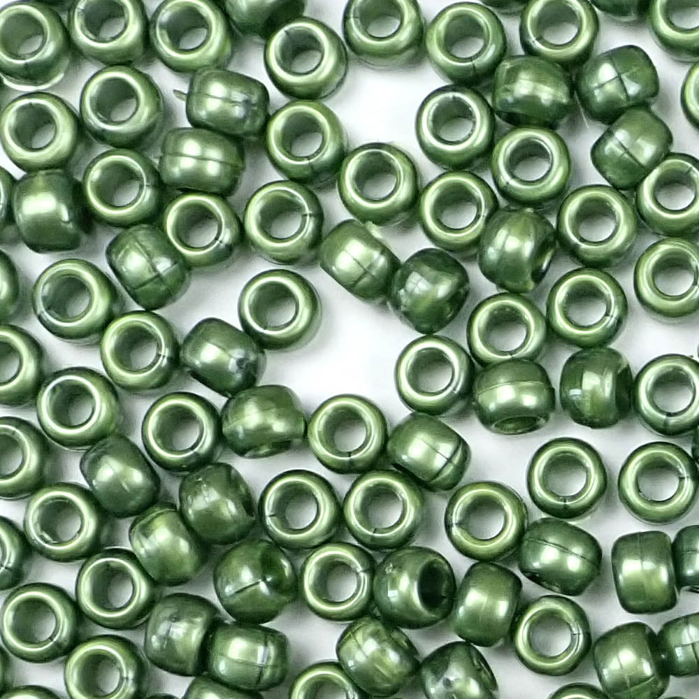 Jade Green Pearl Plastic Pony Beads. Size 6 x 9 mm. Craft Beads. Made in the USA.