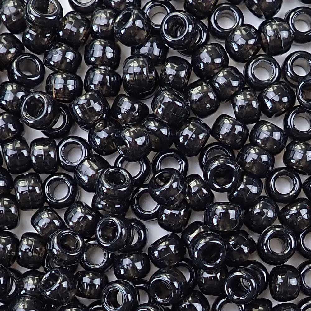 Jet Black Transparent Plastic Pony Beads. Size 6 x 9 mm. Craft Beads. Made in the USA.