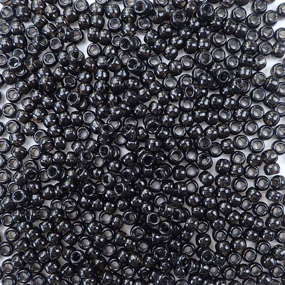 Jet Black Transparent Plastic Pony Beads. Size 6 x 9 mm. Craft Beads. Made in the USA.