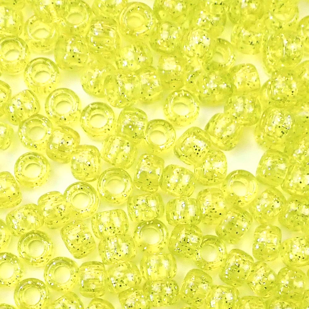 Yellow Glitter Plastic Pony Beads. Size 6 x 9 mm. Craft Beads. Made in the USA.