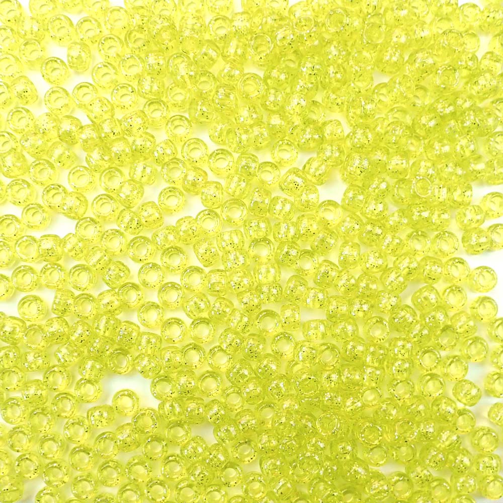 Yellow Glitter Plastic Pony Beads. Size 6 x 9 mm. Craft Beads. Made in the USA.