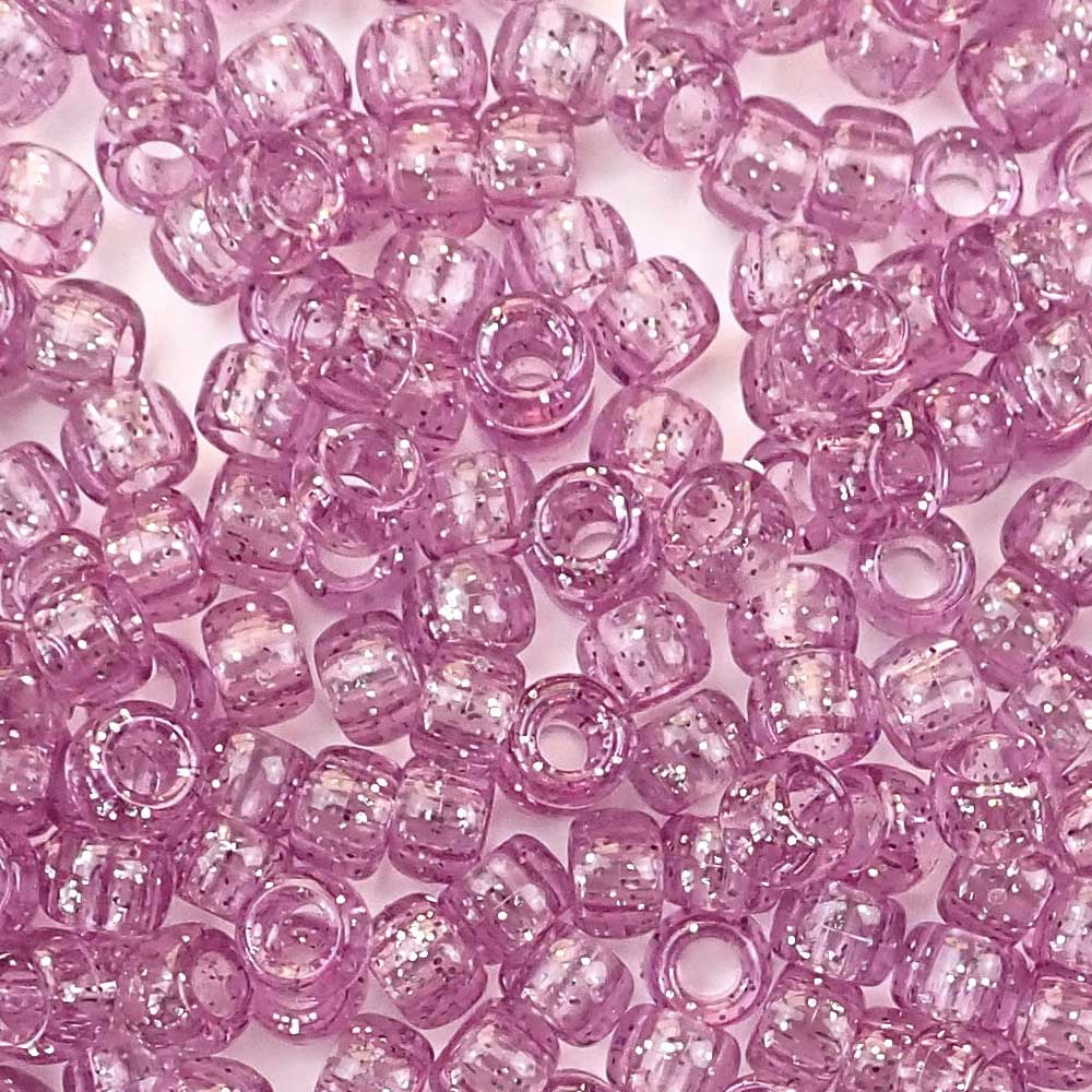 Light Amethyst Purple Glitter Plastic Pony Beads. Size 6 x 9 mm. Craft Beads. Made in the USA.