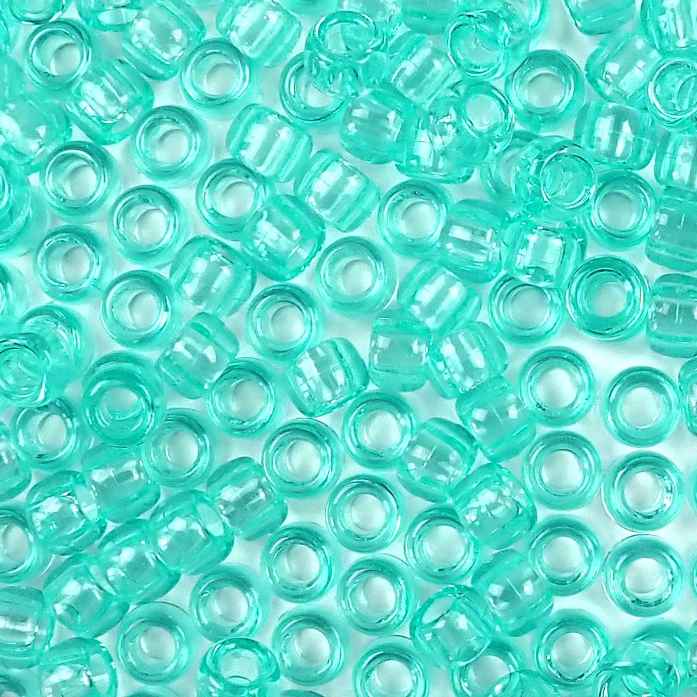 Light Aqua Green Transparent Plastic Pony Beads. Size 6 x 9 mm. Craft Beads. Made in the USA.