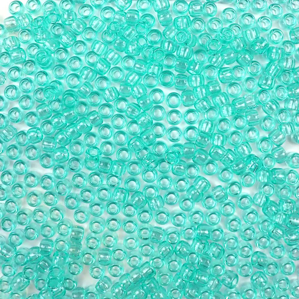 Light Aqua Green Transparent Plastic Pony Beads. Size 6 x 9 mm. Craft Beads. Made in the USA.