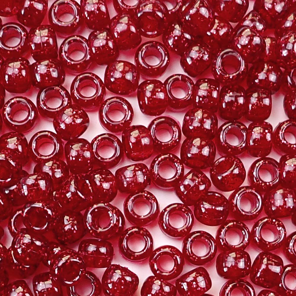 Dark Ruby Glitter Plastic Pony Beads. Size 6 x 9 mm. Craft Beads. Made in the USA.