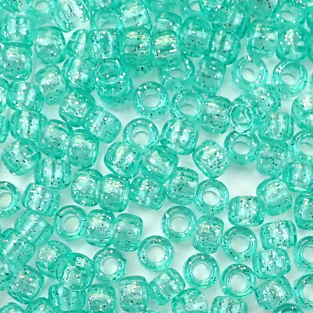 Light Aqua Green Glitter Plastic Pony Beads. Size 6 x 9 mm. Craft Beads. Made in the USA.