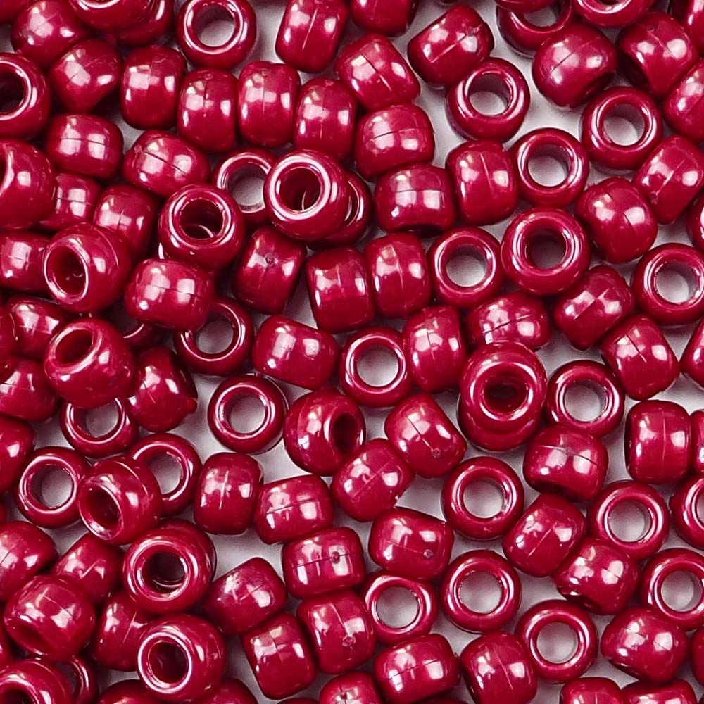Dark Cranberry Red Pearl Plastic Pony Beads. Size 6 x 9 mm. Craft Beads. Made in the USA.