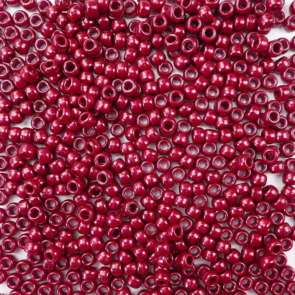 Dark Cranberry Red Pearl Plastic Pony Beads. Size 6 x 9 mm. Craft Beads. Made in the USA.