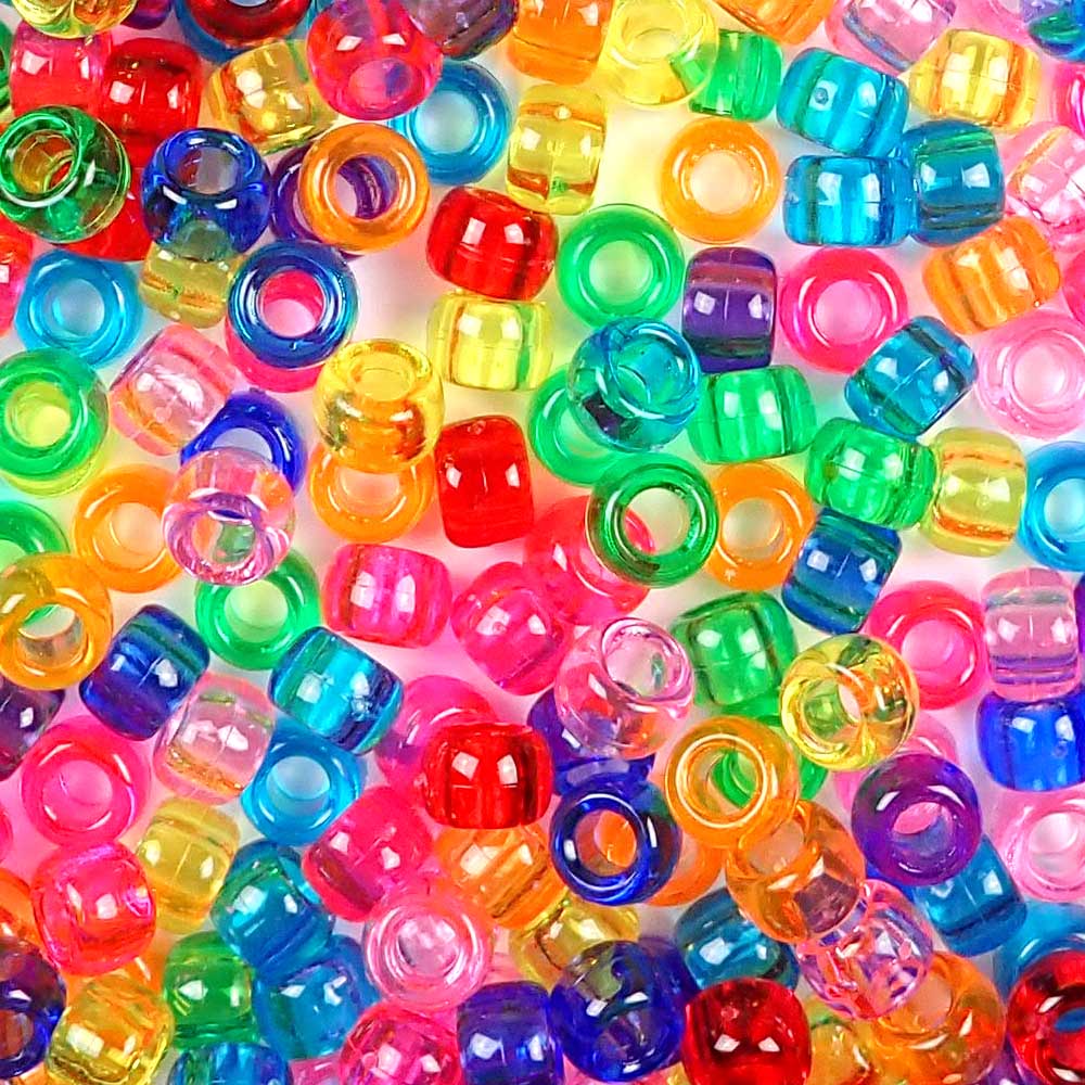 Fun Rainbow Transparent Plastic Pony Beads. Size 6 x 9 mm. Craft Beads. Made in the USA.