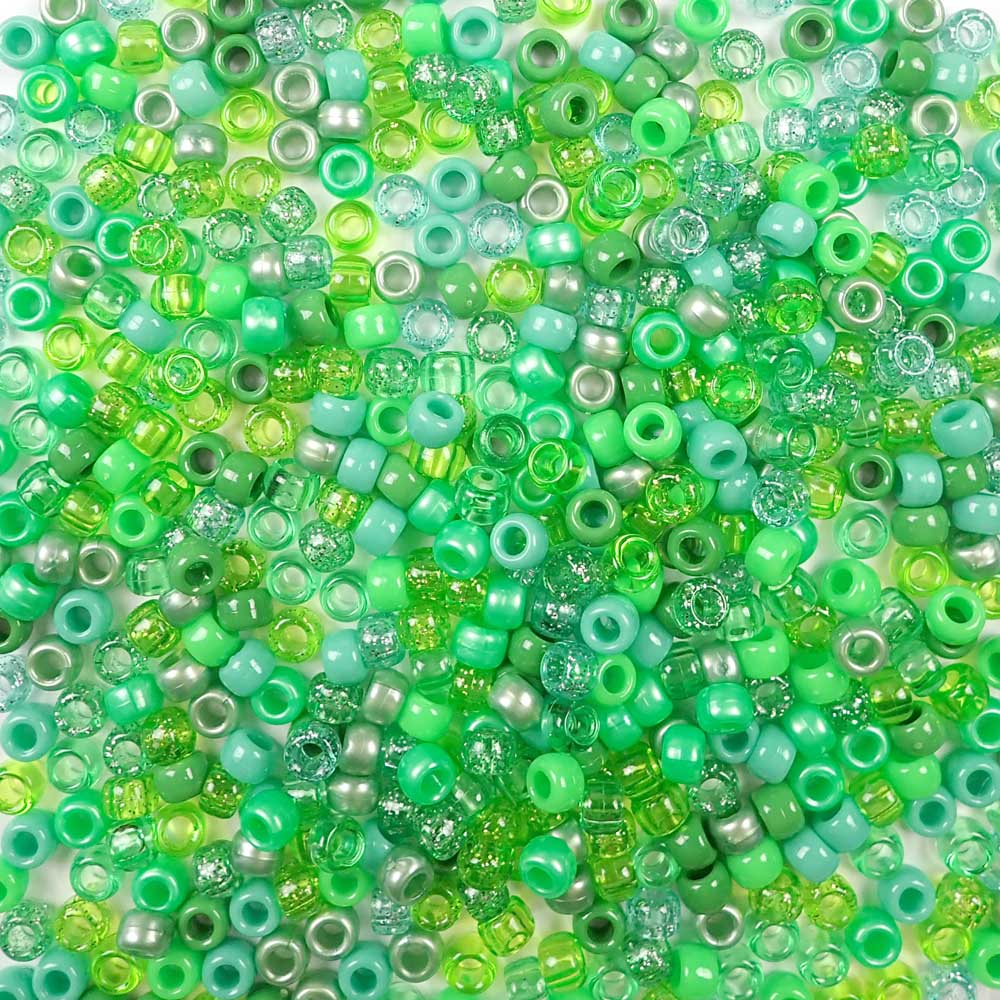 Green Apple Mix Plastic Pony Beads. Size 6 x 9 mm. Craft Beads. Made in the USA.
