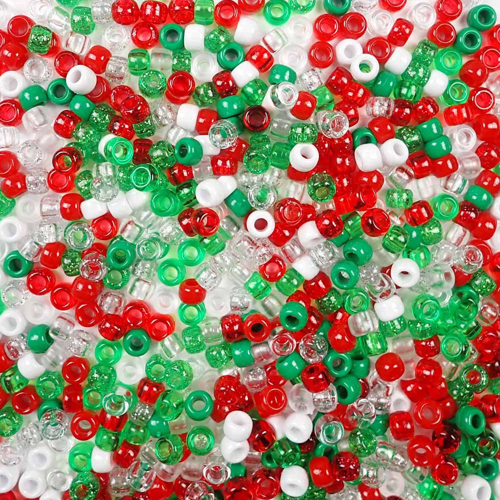 Christmas Mix Plastic Pony Beads. Size 6 x 9 mm. Craft Beads. Made in the USA.