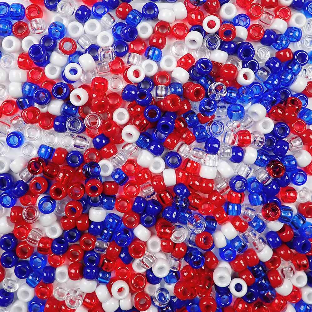 6 x 9mm Plastic Pony Beads in USA Patriotic Colors