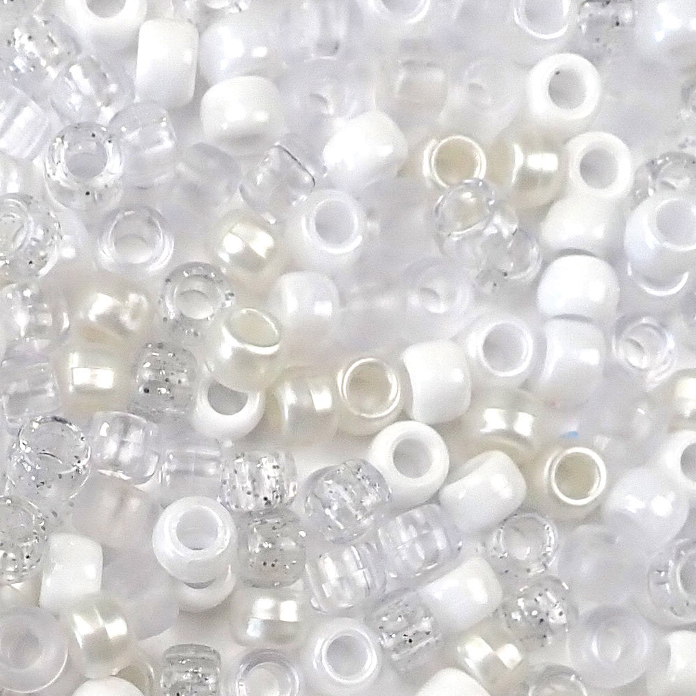 White Mix Plastic Pony Beads. Size 6 x 9 mm. Craft Beads. Made in the USA.