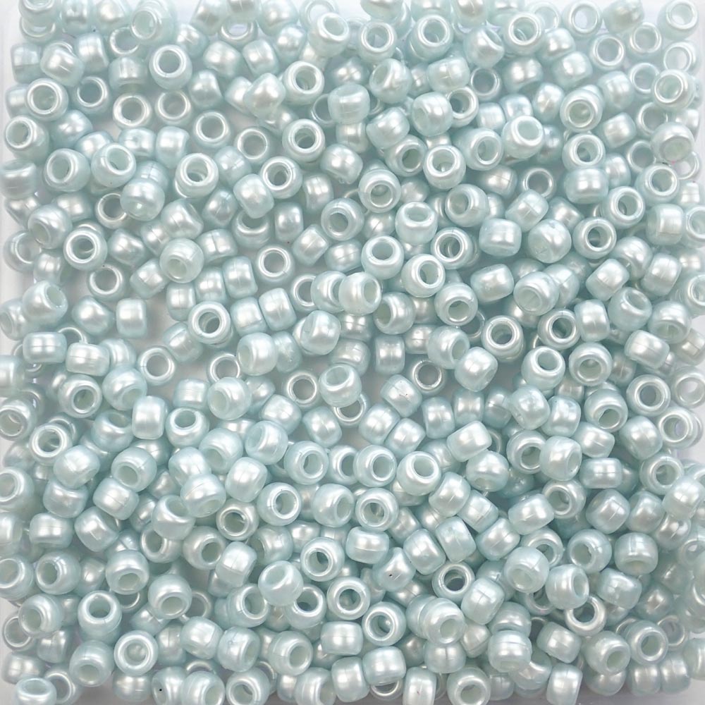 Light Azure Blue Pearl Plastic Pony Beads. Size 6 x 9 mm. Craft Beads. Made in the USA.