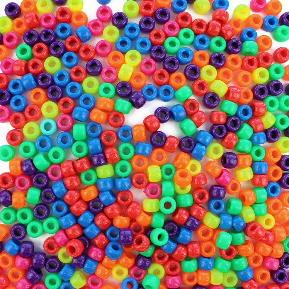 Fun Neon Mix Plastic Pony Beads. Size 6 x 9 mm. Craft Beads. Made in the USA.