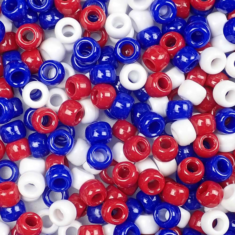 Patriotic Opaque Mix Plastic Pony Beads 6 x 9mm, 1500 beads